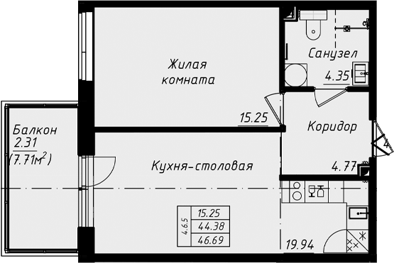 Планировка евродвушка (2Е) 46.69 м² в ЖК «Grona Lund», корпус 4.6