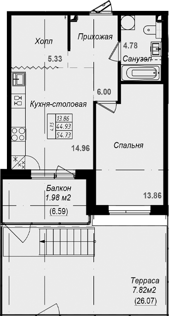 Планировка евродвушка (2Е) 54.73 м² в ЖК «Grona Lund», корпус 4.7