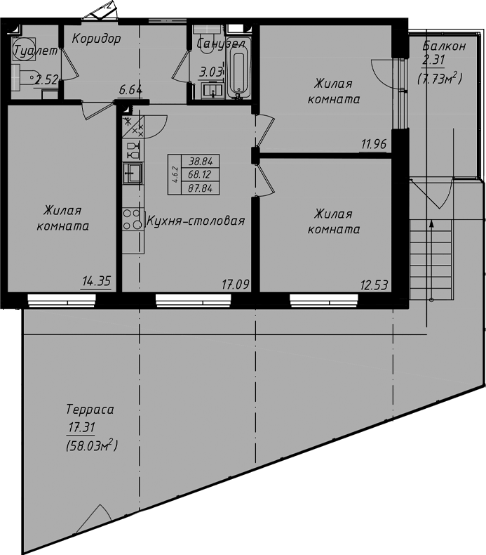 Планировка евро-4 (4Е) 87.84 м² в ЖК «Grona Lund», корпус 4.6