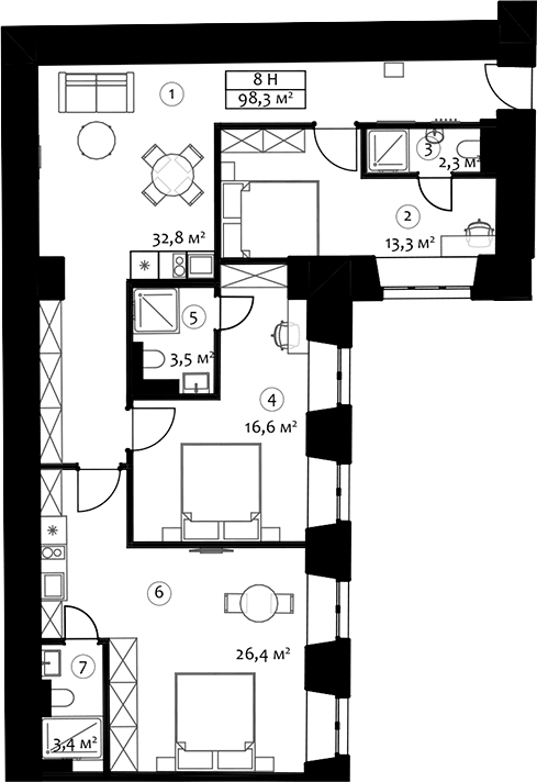 Планировка евро-4 (4Е) 98.3 м² в ЖК «Hovard Hotel», корпус 1