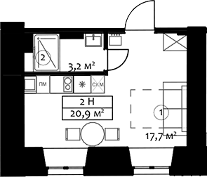 Планировка Студии 20.9 м² в ЖК «Hovard Hotel», корпус 1