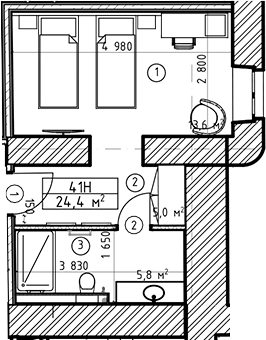 Планировка Студии 24.4 м² в ЖК «Hovard Hotel», корпус 1