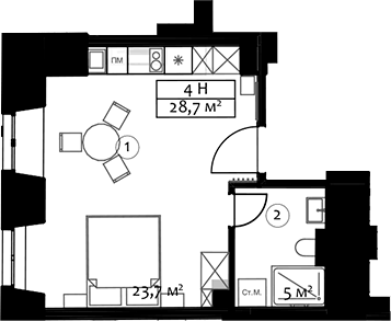 Планировка Студии 28.7 м² в ЖК «Hovard Hotel», корпус 1