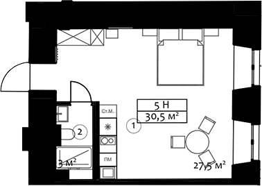 Планировка Студии 30.5 м² в ЖК «Hovard Hotel», корпус 1