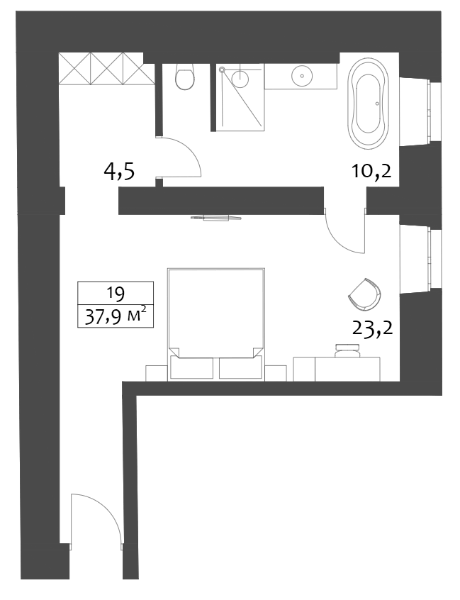 Планировка Студии 37.9 м² в ЖК «Hovard Hotel», корпус 1