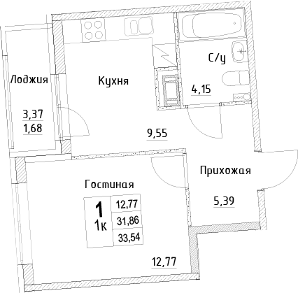 Планировка однокомнатная 33.54 м² в ЖК «ID Kudrovo II», корпус 1.2