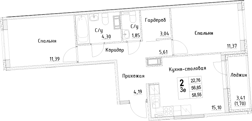 Планировка евротрёшка (3Е) 58.55 м² в ЖК «ID Kudrovo II», корпус 1.2