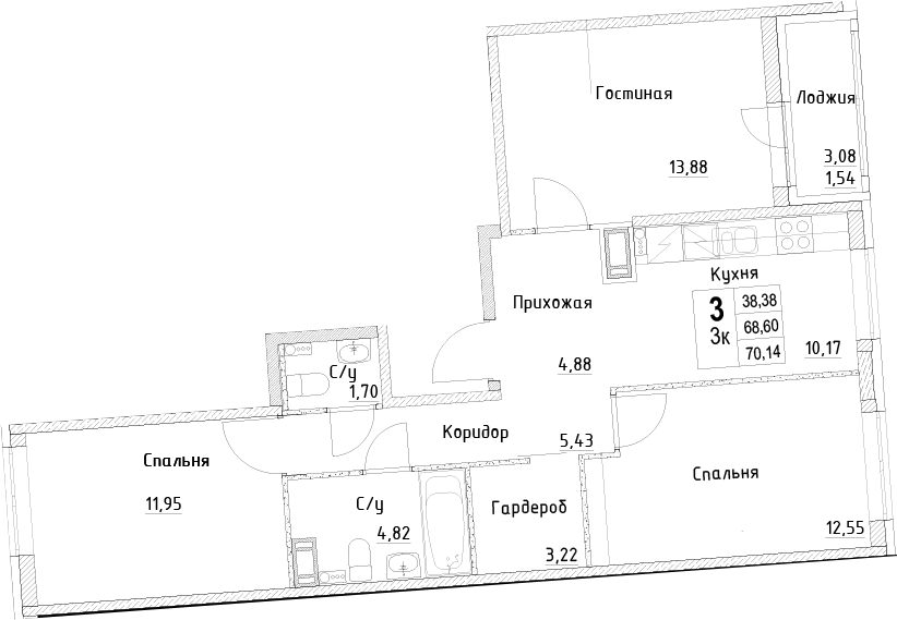 Планировка трёхкомнатная 70.14 м² в ЖК «ID Kudrovo II», корпус 1.2
