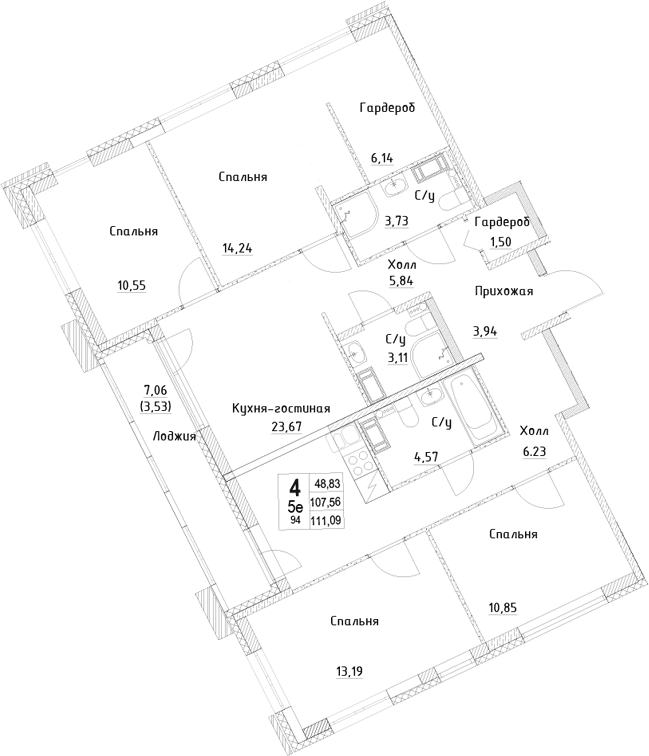 Планировка 5Е-к.кв 111.09 м² в ЖК «ID Kudrovo II», корпус 1.2