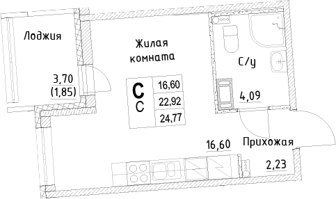 Планировка Студии 24.77 м² в ЖК «ID Kudrovo II», корпус 1.2