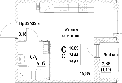 Планировка Студии 25.63 м² в ЖК «ID Kudrovo II», корпус 1.2