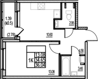 Планировка однокомнатная 36.04 м² в ЖК «ID Murino III», корпус 2.2