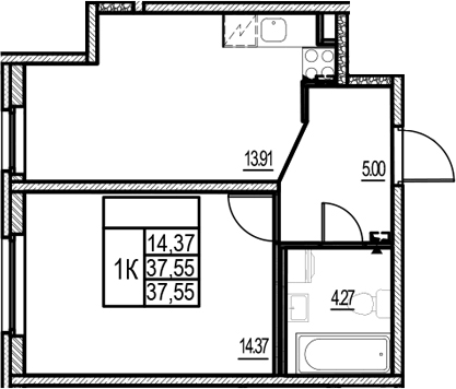 Планировка однокомнатная 37.55 м² в ЖК «ID Murino III», корпус 2.1