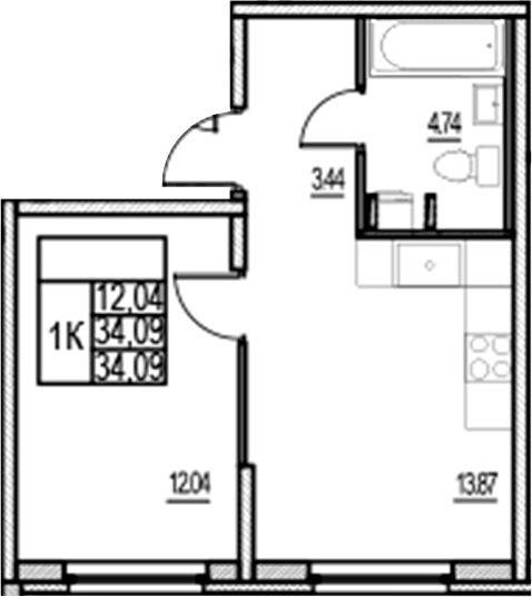 Планировка евродвушка (2Е) 34.09 м² в ЖК «ID Murino III», корпус 2.2