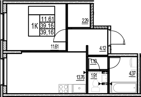 Планировка евродвушка (2Е) 39.16 м² в ЖК «ID Murino III», корпус 2.1