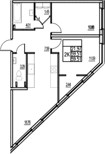 Планировка евротрёшка (3Е) 59.51 м² в ЖК «ID Murino III», корпус 2.2