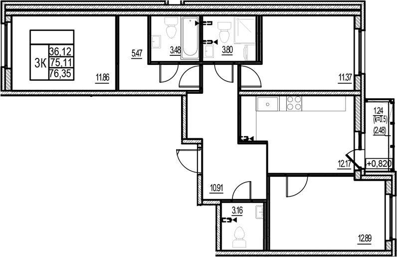 Планировка трёхкомнатная 76.35 м² в ЖК «ID Murino III», корпус 2.1
