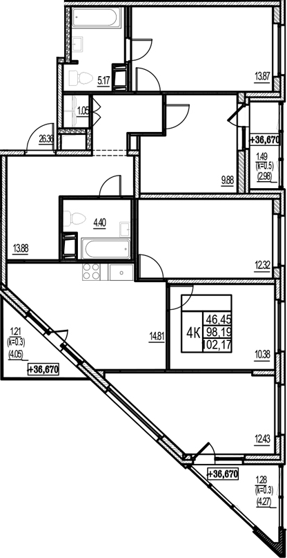 Планировка 5Е-к.кв 102.17 м² в ЖК «ID Murino III», корпус 2.1