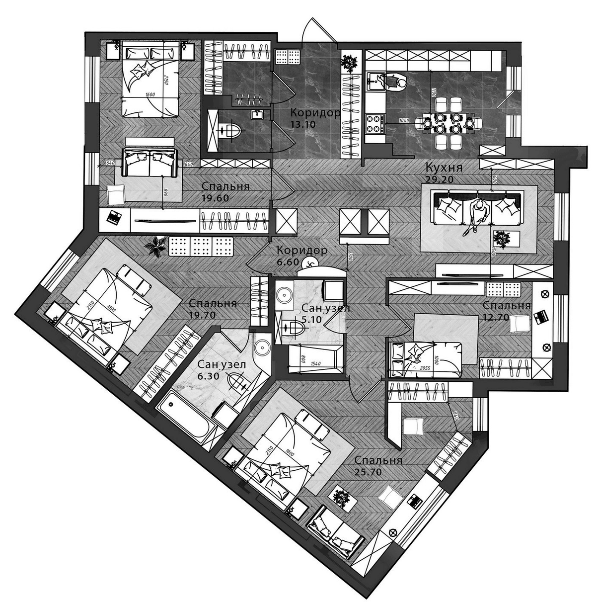 Планировка 5Е-к.кв 143.8 м² в ЖК «iD Park Pobedy», корпус 2