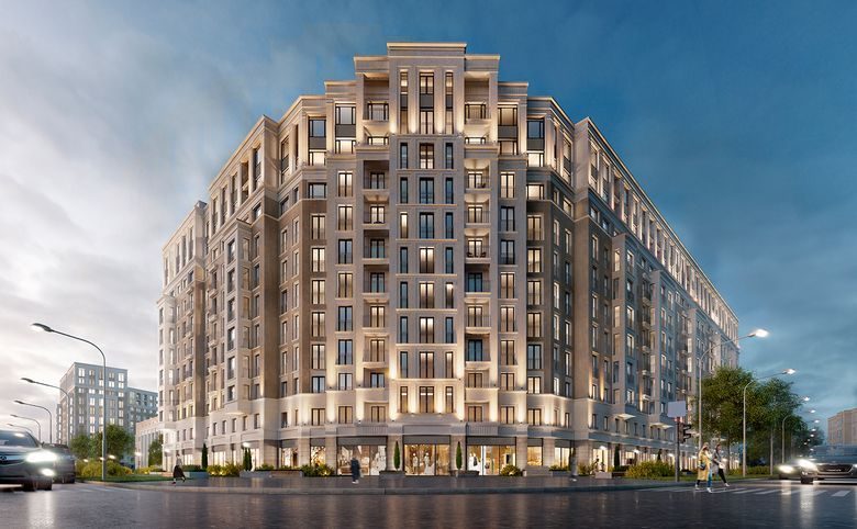 iD Park Pobedy — Главный фасад комплекса: камень на первых двух этажах и штук