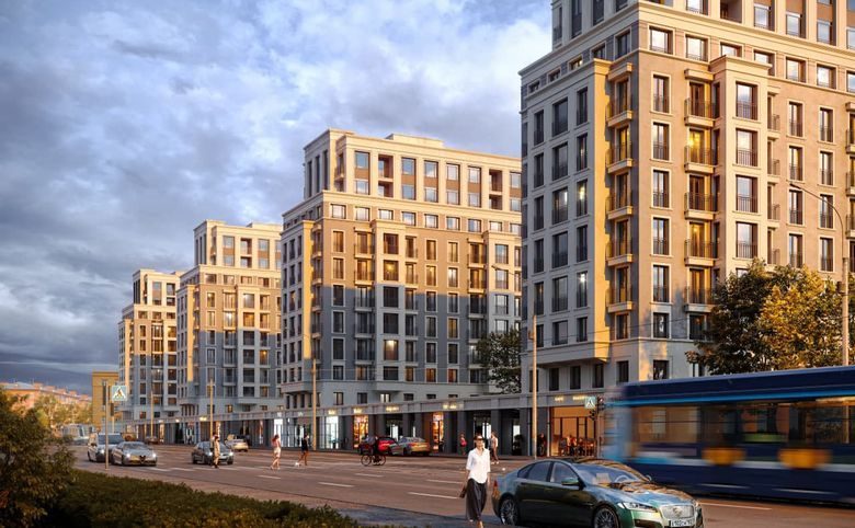 iD Park Pobedy — Вид с улицы на ряд корпусов и трамвайные пути: показывает ре
