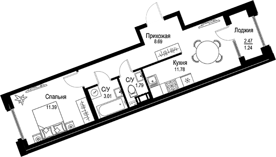 Планировка однокомнатная 37.9 м² в ЖК «ID Petrogradskaya», корпус 1