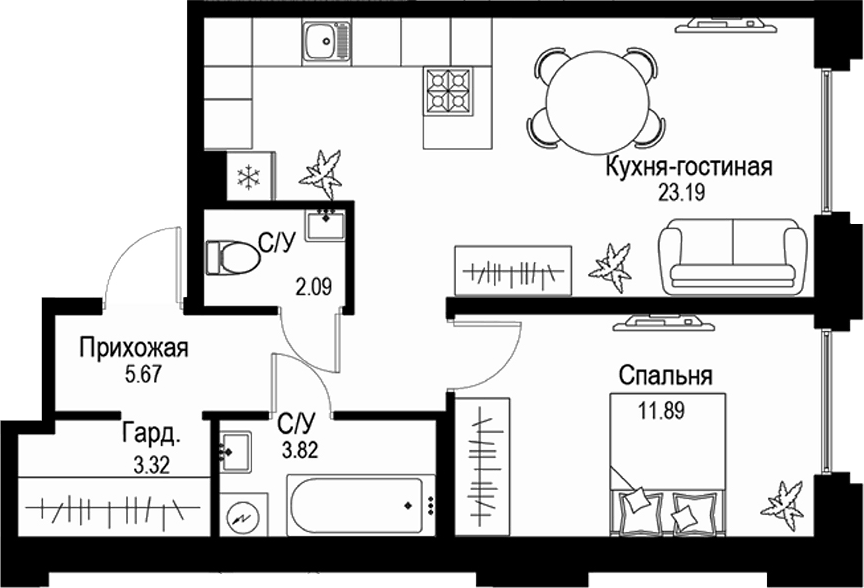 Планировка евродвушка (2Е) 49.98 м² в ЖК «ID Petrogradskaya», корпус 1
