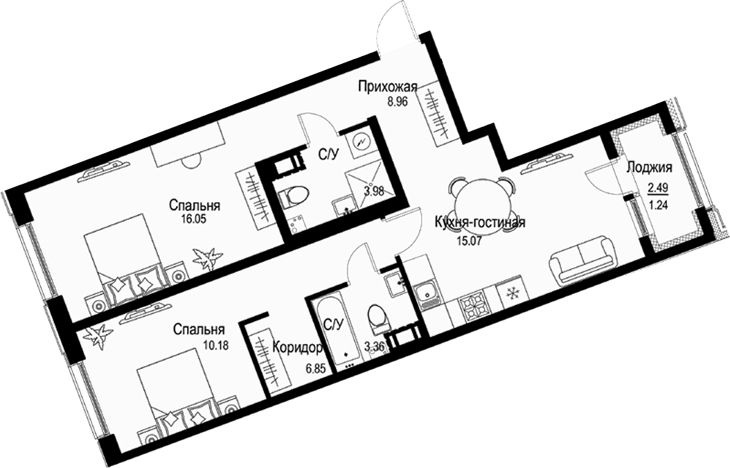 Планировка двухкомнатная 65.69 м² в ЖК «ID Petrogradskaya», корпус 1