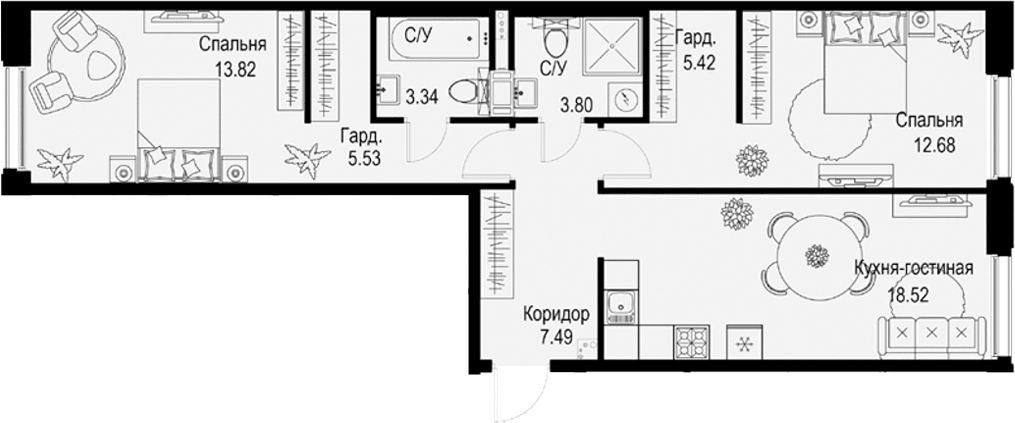 Планировка евротрёшка (3Е) 70.6 м² в ЖК «ID Petrogradskaya», корпус 1
