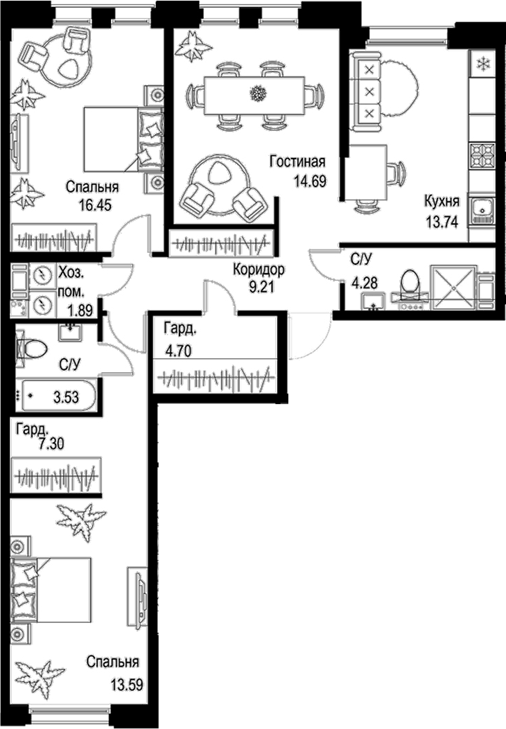 Планировка трёхкомнатная 89.38 м² в ЖК «ID Petrogradskaya», корпус 1