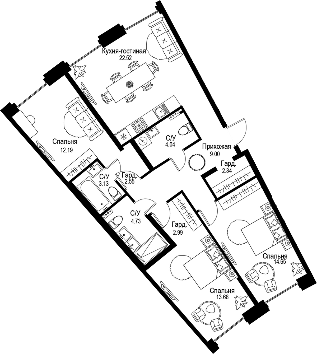 Планировка евро-4 (4Е) 91.82 м² в ЖК «ID Petrogradskaya», корпус 1