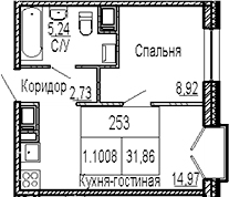Планировка евродвушка (2Е) 31.86 м² в ЖК «ID Polytech», корпус 1