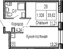 Планировка евродвушка (2Е) 33.62 м² в ЖК «ID Polytech», корпус 1