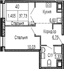Планировка двухкомнатная 37.73 м² в ЖК «ID Polytech», корпус 1