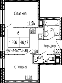 Планировка евротрёшка (3Е) 46.17 м² в ЖК «ID Polytech», корпус 1