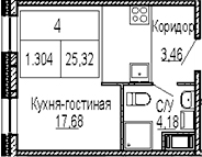 Планировка Студии 25.32 м² в ЖК «ID Polytech», корпус 1
