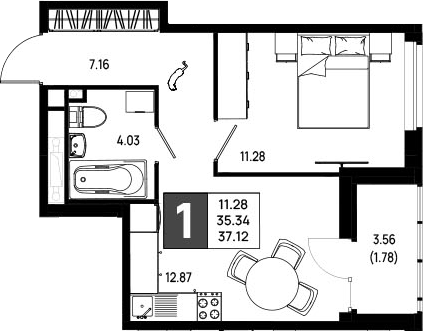 Планировка однокомнатная 37.12 м² в ЖК «Имена», корпус 5.3