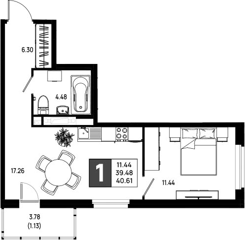 Планировка однокомнатная 40.61 м² в ЖК «Имена», корпус 5.3