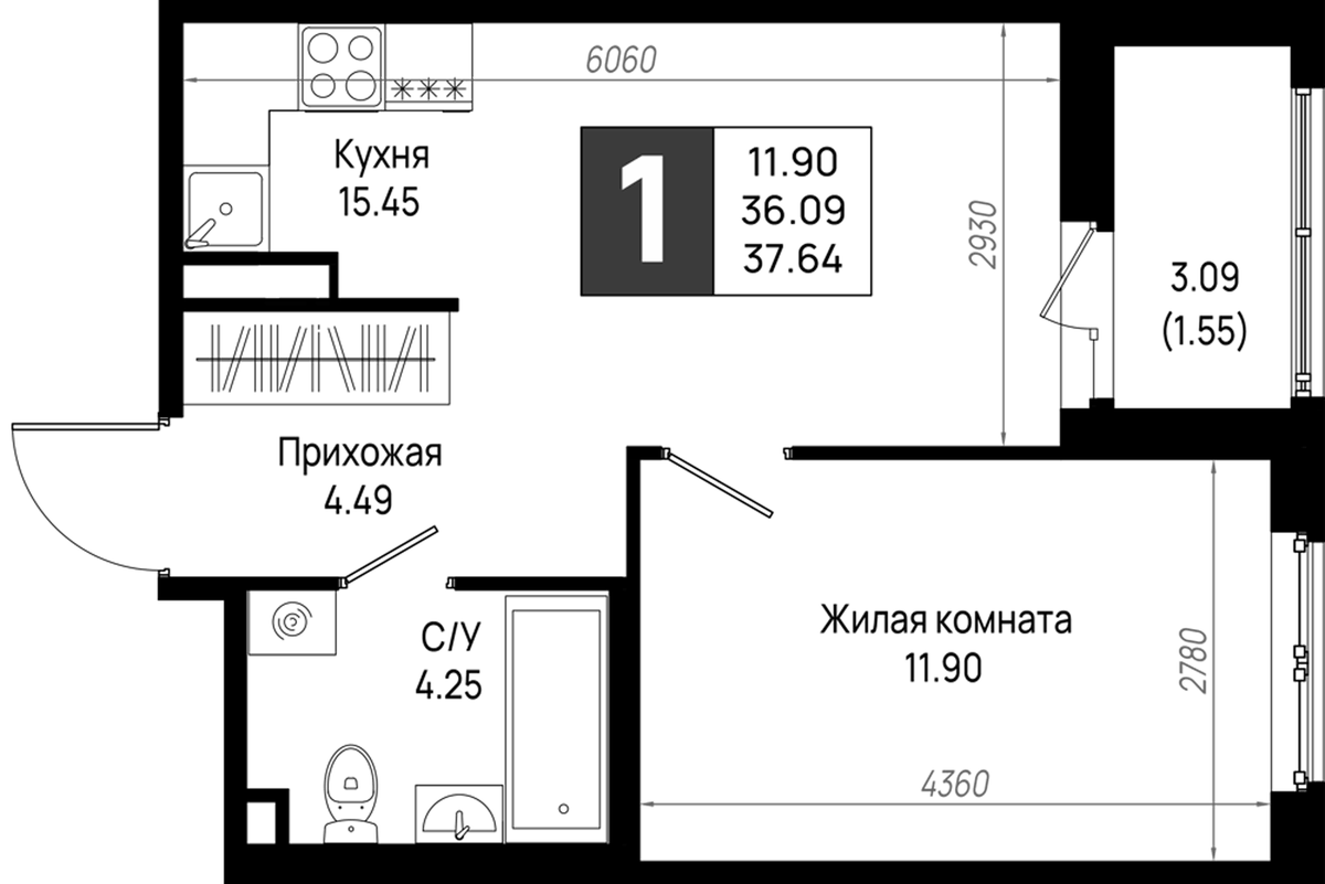 Планировка евродвушка (2Е) 37.64 м² в ЖК «Имена», корпус 6