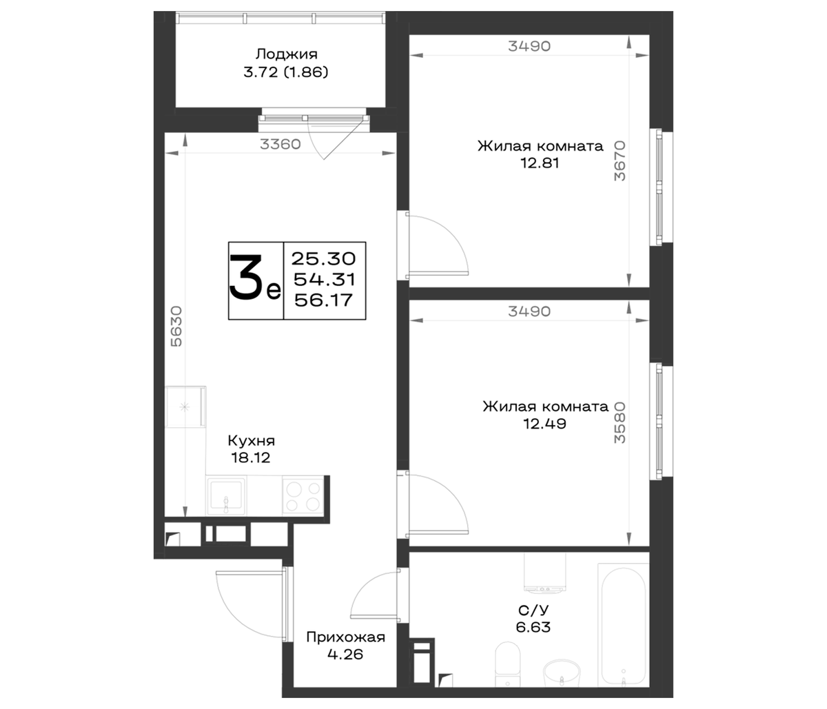 Планировка евротрёшка (3Е) 56.17 м² в ЖК «Имена», корпус 4.2