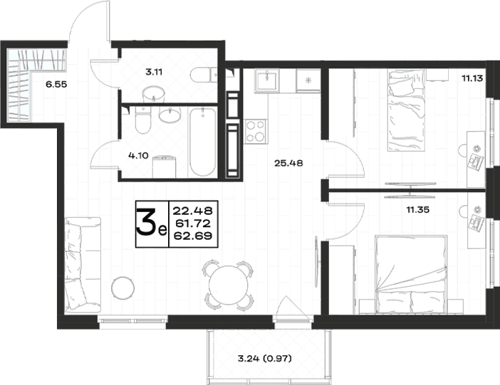 Планировка евротрёшка (3Е) 62.69 м² в ЖК «Имена», корпус 4.1