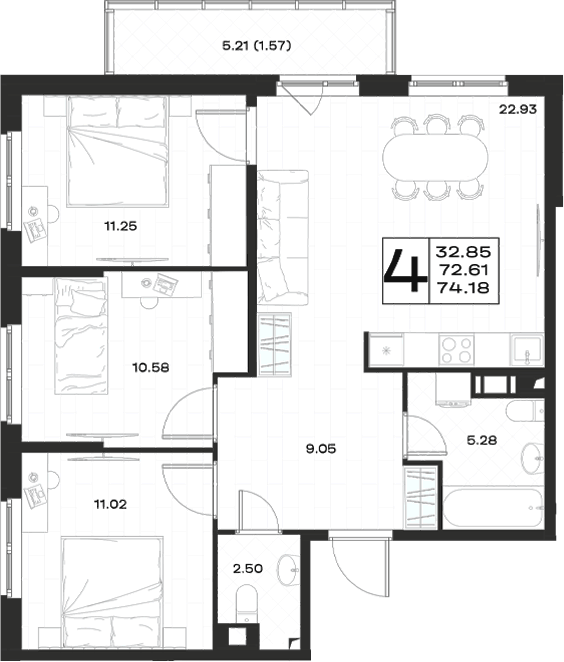 Планировка евро-4 (4Е) 74.18 м² в ЖК «Имена», корпус 4.2