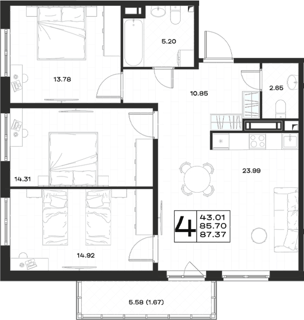 Планировка евро-4 (4Е) 87.37 м² в ЖК «Имена», корпус 4.2
