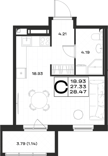 Планировка Студии 28.47 м² в ЖК «Имена», корпус 4.2