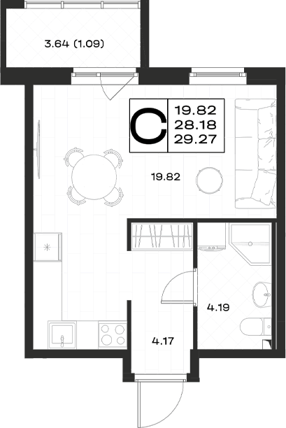 Планировка Студии 29.27 м² в ЖК «Имена», корпус 4.2