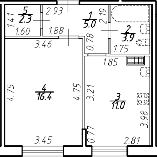 Планировка однокомнатная 38.32 м² в ЖК «Ингрия Лэнд», корпус 1