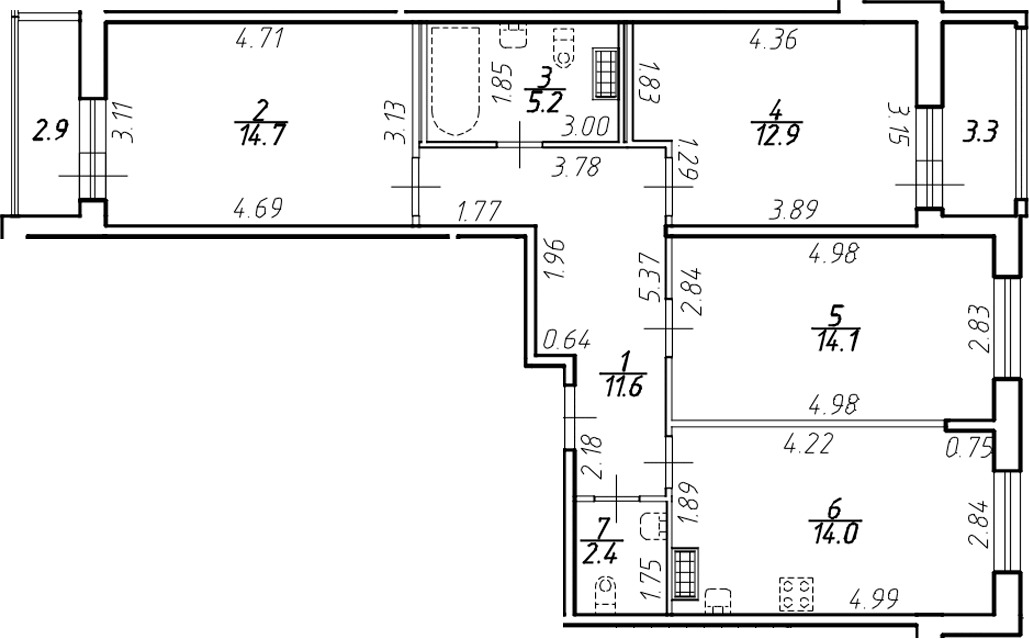 Планировка трёхкомнатная 78.01 м² в ЖК «Ингрия Лэнд», корпус 1
