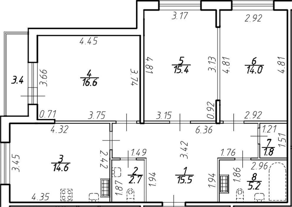 Планировка трёхкомнатная 87.29 м² в ЖК «Ингрия Лэнд», корпус 1