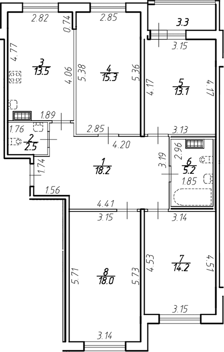 Планировка четырёхкомнатная 101.05 м² в ЖК «Ингрия Лэнд», корпус 1