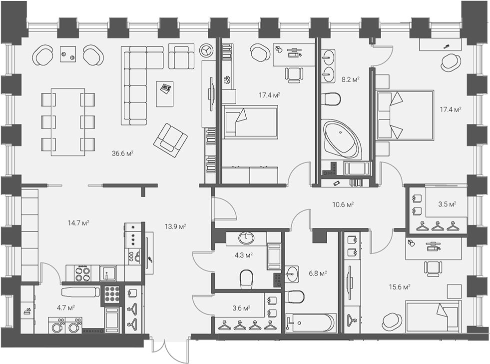Планировка евро-4 (4Е) 157.3 м² в ЖК «Институтский, 16», корпус 1